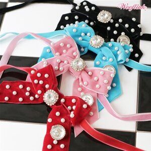 Velvet Pearl Bow Necklace by Wooflink  - PINK ONLY  - NEW